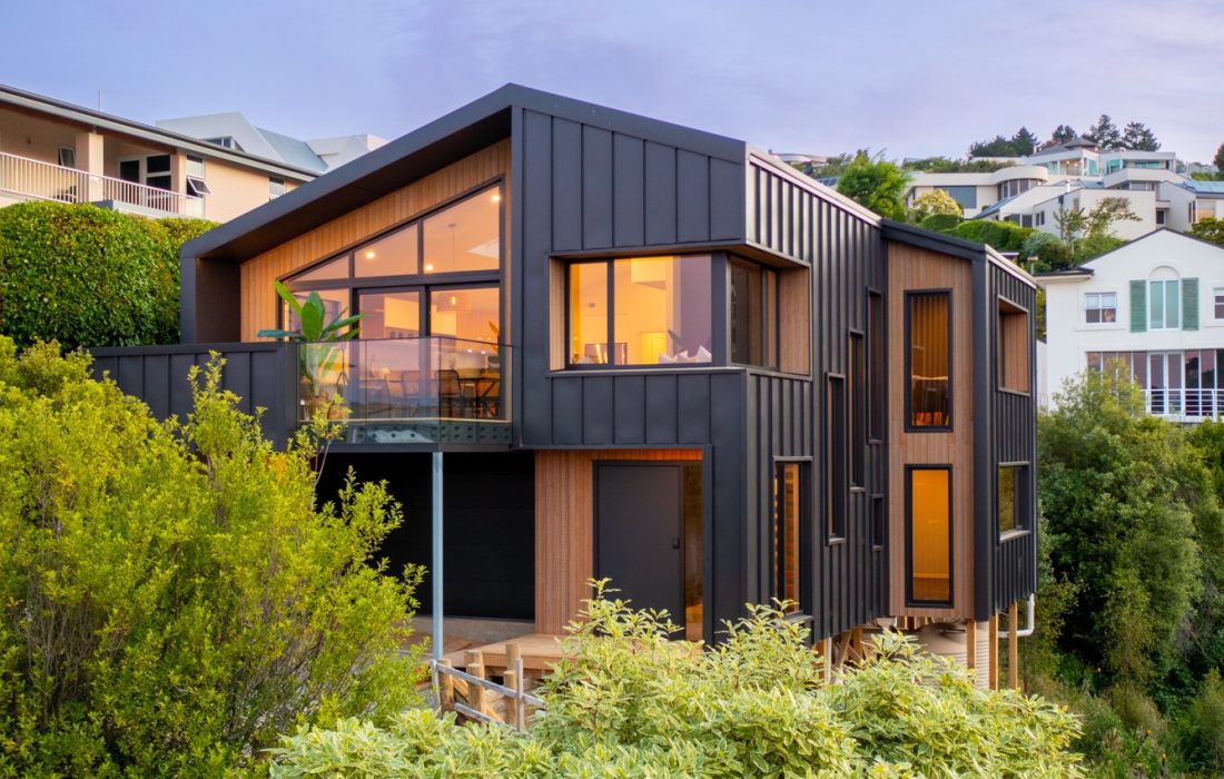 Architectural 2 storey passive SuperHome abodo cladding built on steep hill slope Cashmere