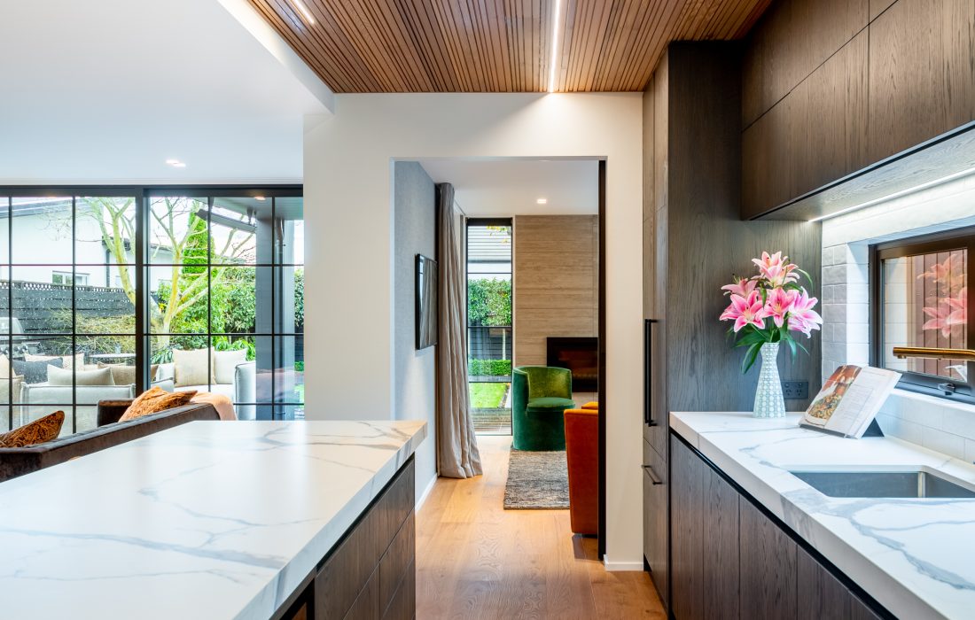 St Albans architecturally designed two storey home modern kitchen timber floor cedar ceiling